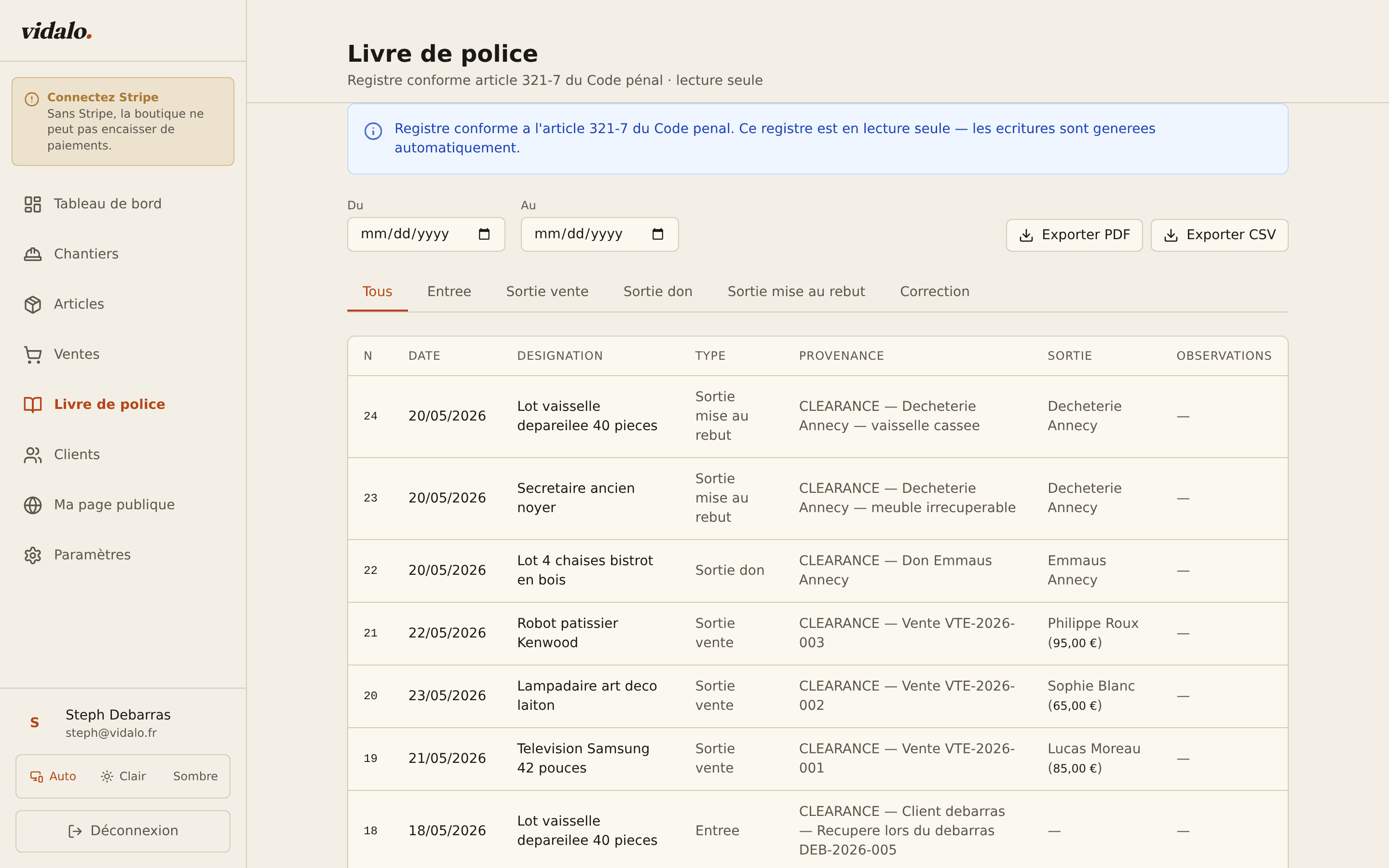 Capture d'écran de l'application Vidalo : livre de police numérique conforme article 321-7 du Code pénal, avec colonnes N°, date, désignation, type (entrée / sortie / correction), provenance et sortie.